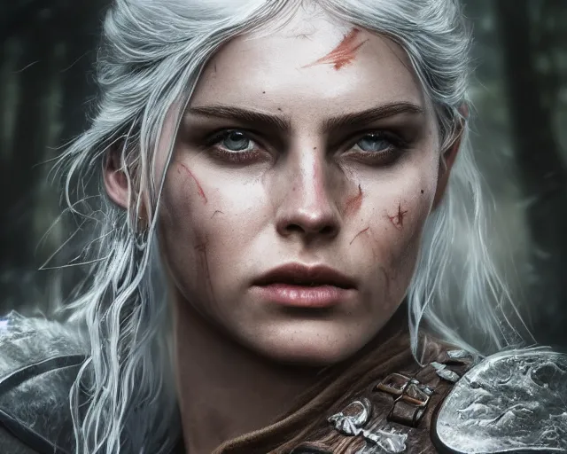 Prompt: 5 5 mm portrait photo of a real life tough looking freya allen as ciri in brown leather armor with silver hair and a large scar along her left cheek, in a magical forest. dark atmosphere. art by greg rutkowski. highly detailed 8 k. intricate. lifelike. soft light. nikon d 8 5 0.