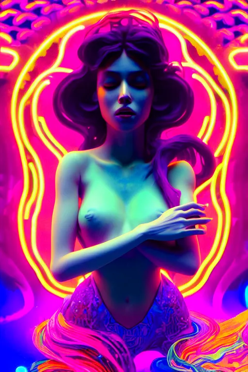 Image similar to a gorgeous woman surrounded by colorful liquid clouds and neon smoke, extremely detailed, in a psychedelic experience, psilocybin, dmt, lsd, face, highly detailed, artstation, alphonse mucha, hana yata, and artem demura and beeple, octane render, unreal engine, 8 k