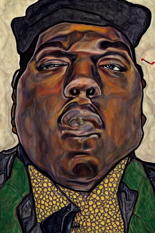 Image similar to a portrait of biggie small in style of egon schiele, masterpiece, hyperdetailed, complex, intricate, 4 k, trending on artstation