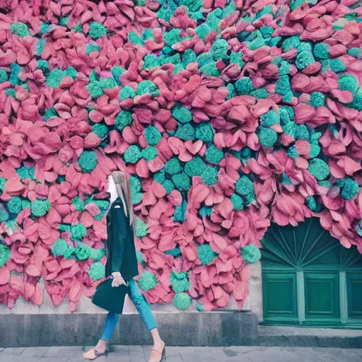 Prompt: giant flower head, woman walking in paris, surreal photography, symmetry, flat space, fanciful, bright colours, detailed, wes anderson