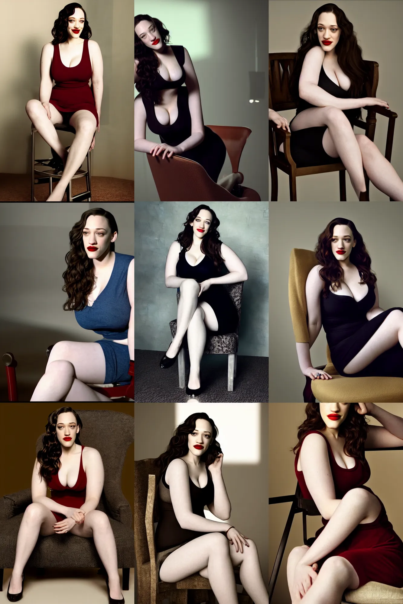 Prompt: Kat Dennings in a low-cut tanktop sitting seductively on a chair with smug smile, professional photoshooting, highly detailed and hyperrealistic, octane render, 4k, volumetric lighting, stunning sight