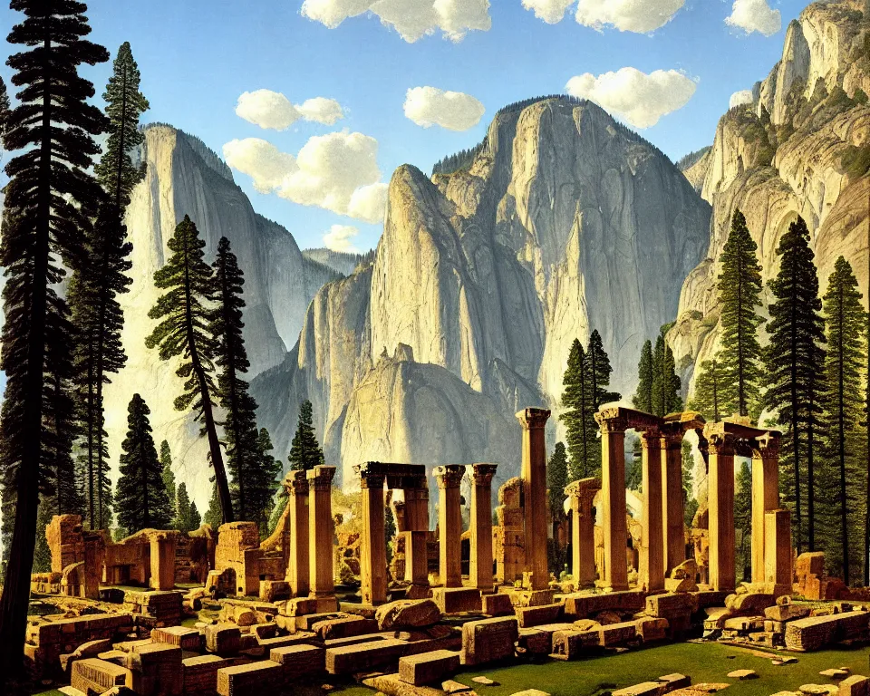 Image similar to an achingly beautiful print of roman ruins in the middle of Yosemite valley by Raphael, Hopper, and Rene Magritte. detailed, romantic, enchanting, trending on artstation.