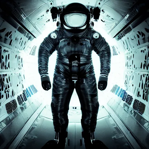 Image similar to concept art diver astronaut in underwater futuristic dark and empty spaceship. infrared complex and hyperdetailed technical suit design. reflection material. rays and dispersion of light breaking through the deep water. 3 5 mm, f / 3 2. noise film photo. flash photography. trend artstation