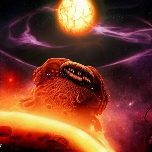 Image similar to eldritch horror bloody garfield in space, hd, 8 k, giant, epic, realistic photo, unreal engine, stars, prophecy, powerful, cinematic lighting, destroyed planet, debris, violent, sinister, ray tracing, dynamic, epic composition, dark, horrific, teeth, grotesque, monochrome drawing