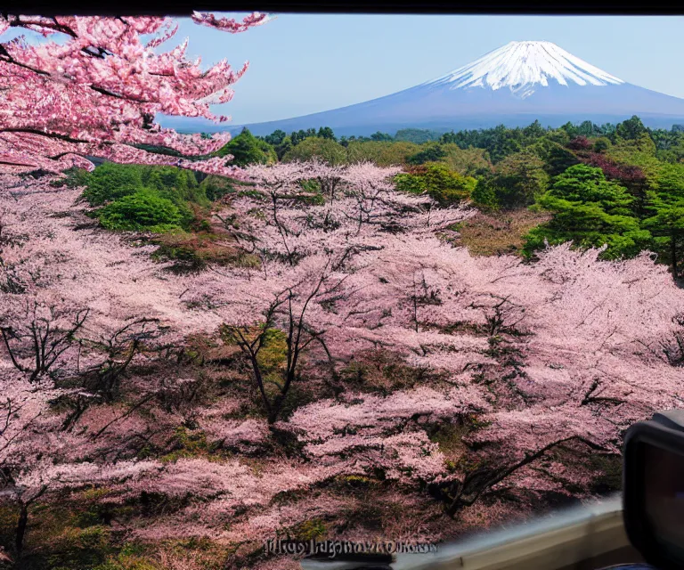 Image similar to mount fuji, japanese landscape with sakura trees, seen from a window of a train. beautiful! dlsr photo