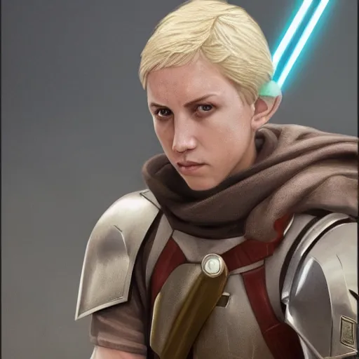 Image similar to a young blonde male jedi with short hair standing still, full body photography, extremely long shot, long shot, over the shoulder shot, ots shot, third-person shot, full-length, head-to-toe, concept art by Doug Chiang cinematic, realistic painting, high definition, concept art, the Mandalorian concept art style