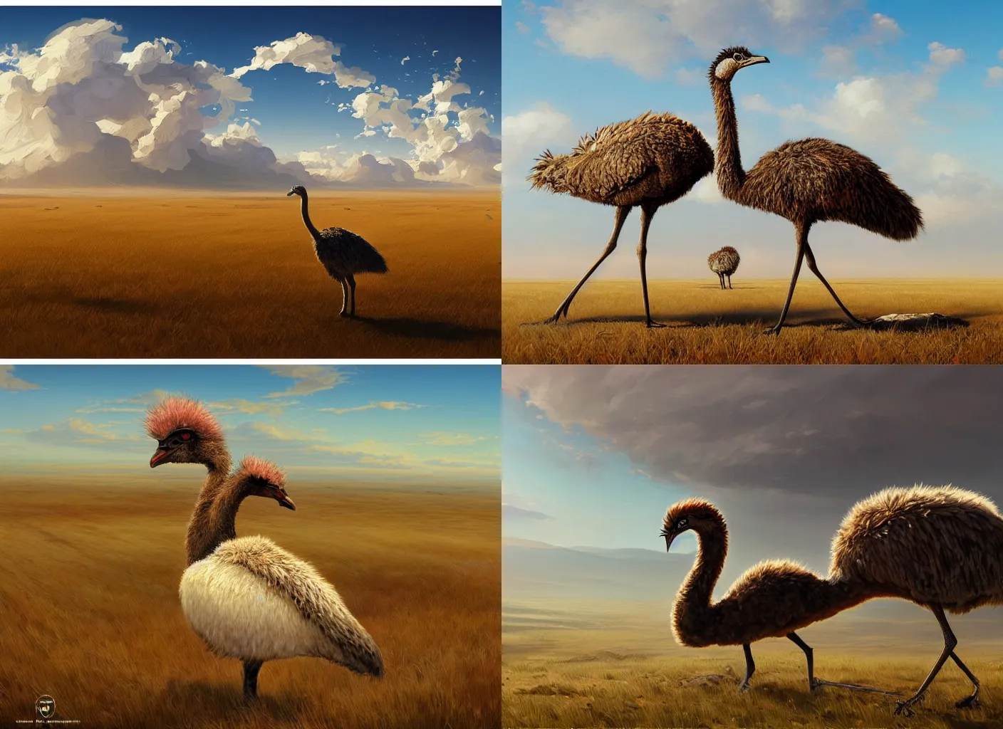 Prompt: emu, steppe landscape, intricate, elegant, highly detailed, digital painting, artstation, concept art, sharp focus, illustration, artgerm, rutkowski, mucha