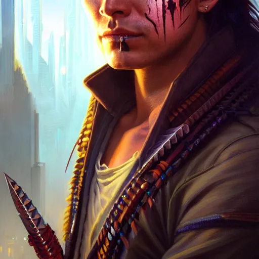 Prompt: portrait painting of a cyberpunk native american street samurai with pointy ears, ultra realistic, concept art, intricate details, eerie, highly detailed, photorealistic, octane render, 8 k, unreal engine. art by artgerm and greg rutkowski and charlie bowater and magali villeneuve and alphonse mucha