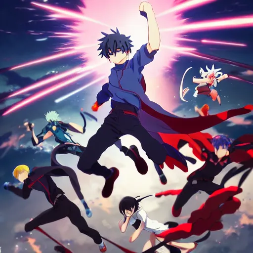 Image similar to dynamic and high energy anime composition with many hero characters together, running jumping, group of anime heroes, gapmoe yandere grimdark, trending on pixiv fanbox, painted by greg rutkowski makoto shinkai takashi takeuchi studio ghibli, akihiko yoshida