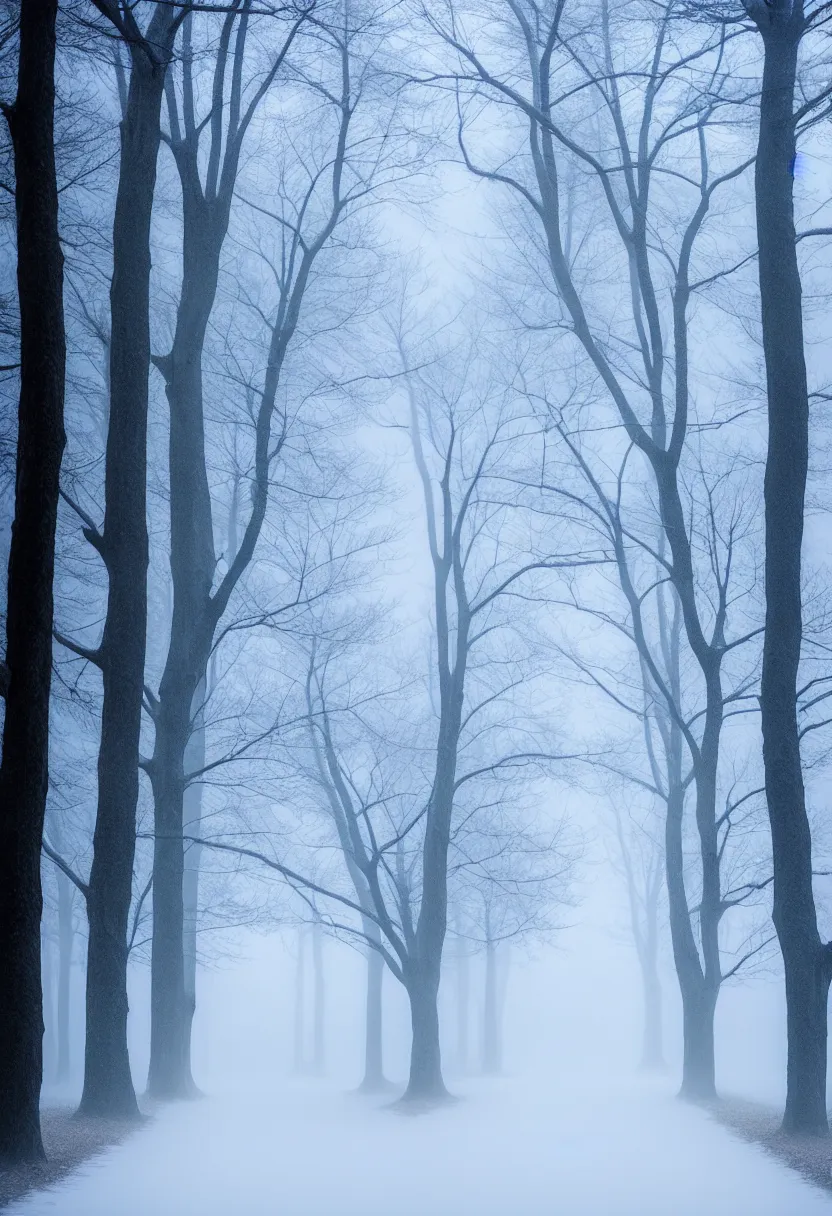 Image similar to eerie photo of a path in the middle of a frozen winter morning spooky forest, treelined, fog, award winning photography, anamorphic lens, f 2. 0, mystical, ultra high definition, ultra detailed,