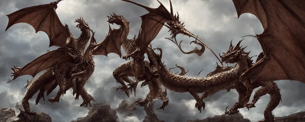 Image similar to in a fantasy setting are two dragons fighting, cinematic masterpiece