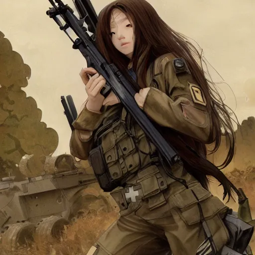 Prompt: soldier girl, war action, anime style, long hair, hair down, symmetrical facial features, girls frontline cg, hyper realistic, pale skin, 4 k, rule of thirds, extreme detail, detailed drawing, trending artstation, hd, storyboard, d & d, by alphonse mucha, greg rutkowski, sharp focus, backlit