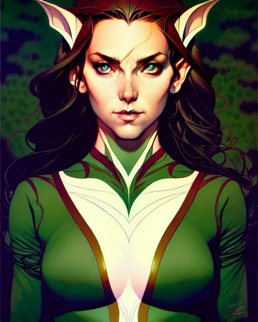 Image similar to artgerm, joshua middleton comic cover art, full body pretty female elven wood elf, symmetrical eyes, symmetrical face, long curly black hair, beautiful forest, rim lighting