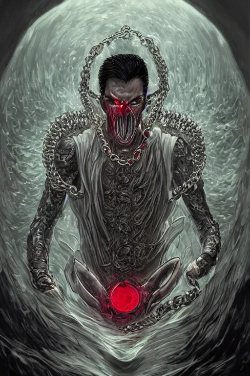 Image similar to lucifer, dark angel, red eyes, chain, handcuffs, large chain, wide open mouth, scream, cruelty, sad, sea bottom, light effect, hyper detailed, intricate, elegant, highly detailed, digital painting, artstation, concept art, matte, sharp focus, illustration, by dan mumford, yusuke murata, makoto shinkai, ross tran