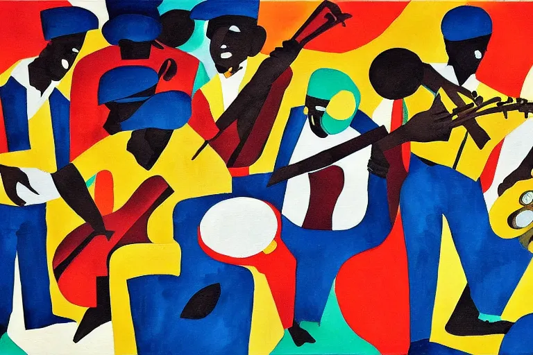 Image similar to a painting of a group of men playing instruments, a jazz band in new orleans, an ultrafine detailed painting by romare bearden, behance, black arts movement, artwork, fauvism, academic art