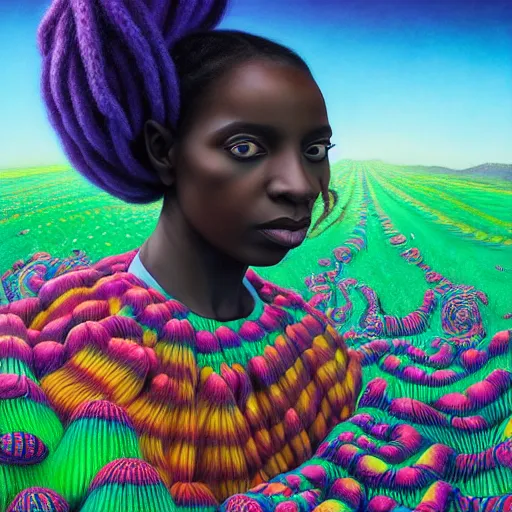 Image similar to a wide angle shot of a black girl with colorful dreadlocks in a field of candy, by Adi granov and afarin sajedi and amanda sage and evgeni gordiets and Agostino Arrivabene and adonna khare in a psychedelic portrait style, ultrarealistic matte painting, volumetric lighting, fractal, extremely symmetrical, highly detailed face, orisha, 8k, hd