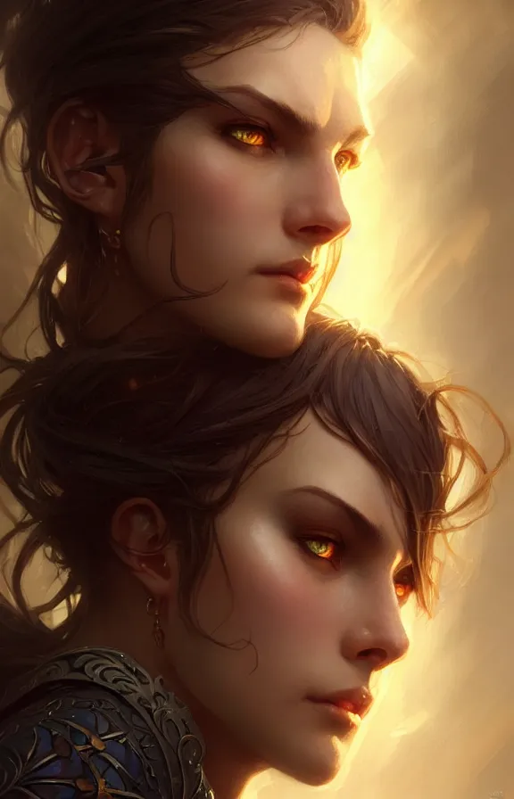 Prompt: Paladin face close-up macro in center, fantasy magic, undercut hairstyle, dark light night, intricate, elegant, sharp focus, illustration, highly detailed, digital painting, concept art, matte, art by WLOP and Artgerm and Greg Rutkowski and Alphonse Mucha, masterpiece