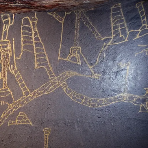 Prompt: cave drawings of an oil rig,