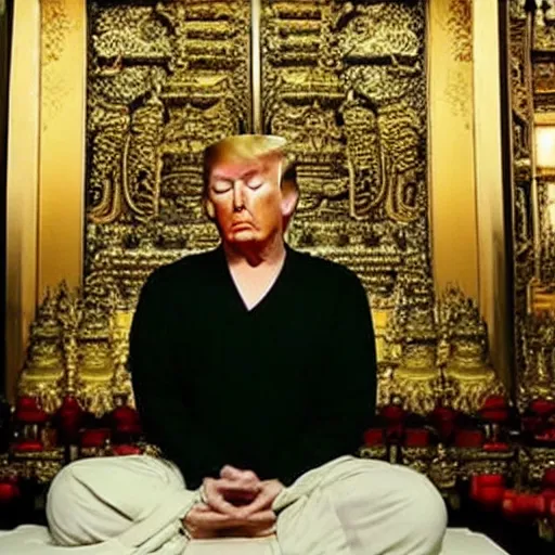 Image similar to a still photograph of Donald Trump meditating in a Buddhist Temple