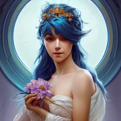 Prompt: goddess, blue hair, intricate, elegant, ethereal, highly detailed, retro, digital painting, artstation, concept art, smooth, sharp focus, full body shot, illustration, art by artgerm and greg rutkowski and alphonse mucha