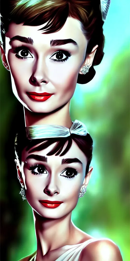 Prompt: fantasy portrait of a beautiful audrey hepburn photorealistic, elegant, stylish, highly detailed, smooth, sharp focus, videogame cover art, pastel colors