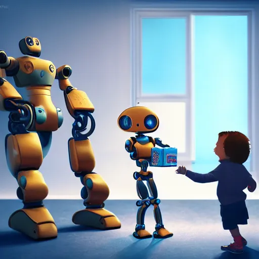 Image similar to fantastic realism comic book style photo of a robot gives a toy to a human child, concept art, unreal 5, render,