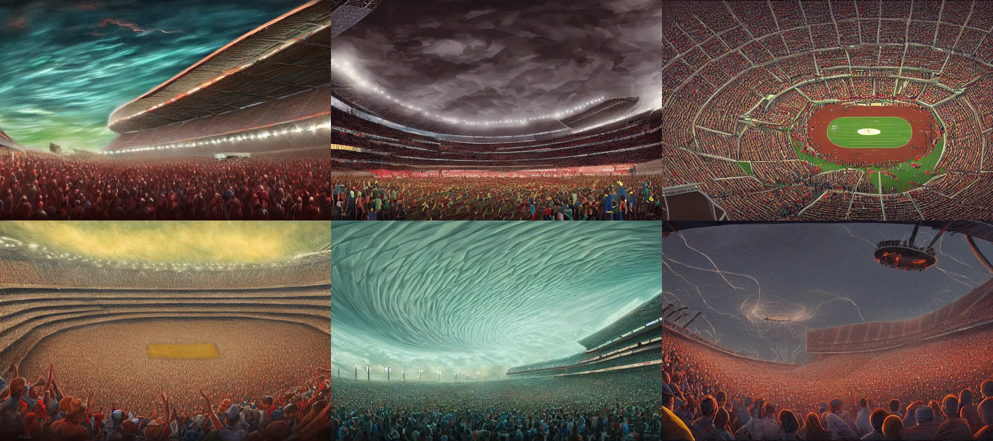 Prompt: stadium full of people, twister tornado, by jeffrey smith, night, low angle, artstation