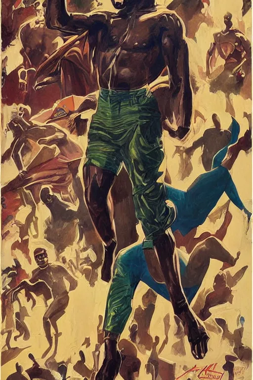 Image similar to nigerian superhero, an ultrafine detailed painting by john philip falter, austin briggs, cg society, american scene painting, dystopian art, american realism, academic art, movie poster, poster design, concert poster