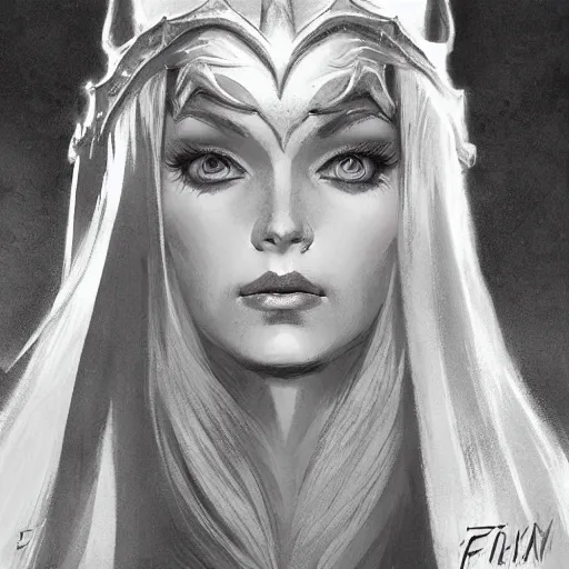 Image similar to elven queen character portrait by frank frazetta, fantasy, dungeons & dragons, sharp focus, beautiful, artstation contest winner, detailed