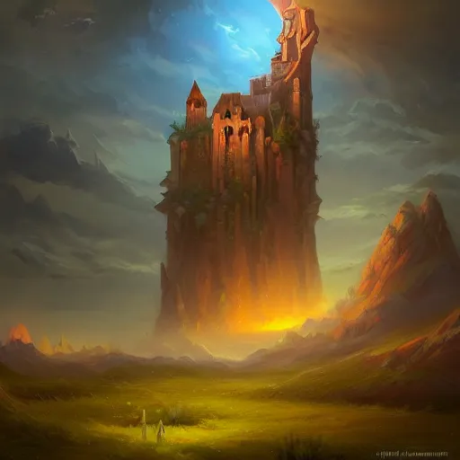 Prompt: a serene landscape of a magical fantasy tower by ross tran, rhads, tim hildebrandt, cinematic lighting, extremely detailed, concept art, trending on artstation, behance hd, wide shot, clouds by phil koch