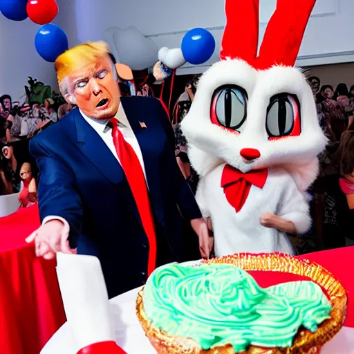 Prompt: professional photography Donald Trump cosplay as Bugs Bunny spying on children at a birthday party, high quality, good lighting, masterpiece, beautiful beautiful beautiful beautiful beautiful