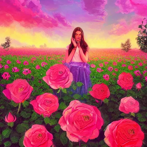 Prompt: large rose in front of face, girl frontal in a flower field, surreal photography, sunrise dramatic light, impressionist painting, colorful clouds, digital painting, artstation, simon stalenhag