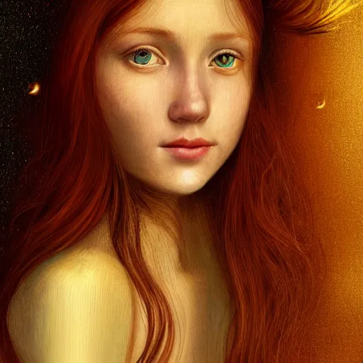 Image similar to portrait of a red haired girl, long hair, green eyes, hint of freckles, beautiful round face, soft amazed smiles, among golden fireflies, highly detailed, deep focus, elegant, digital painting, smooth, sharp focus, golden ratio, illustration, ultra realistic, 8 k, art by leonardo da vinci