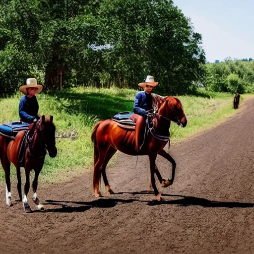 Prompt: Western, people on horses with wheels instead of legs