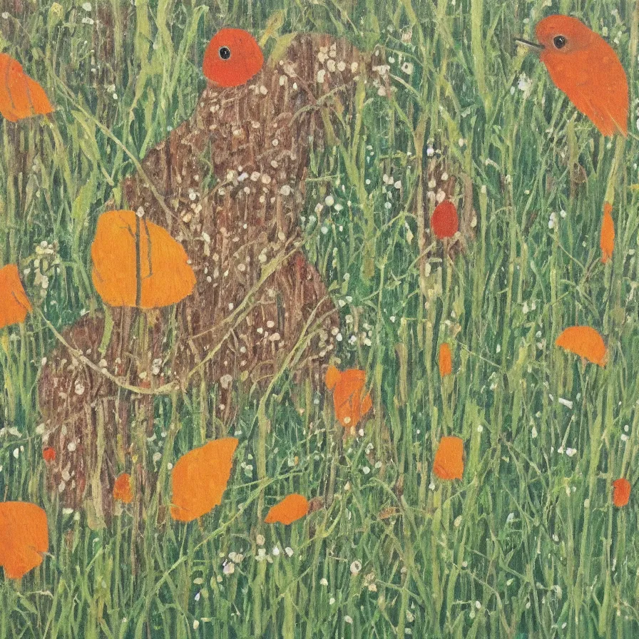 Image similar to harvest mouse in the style of Maud Lewis, oil on canvas