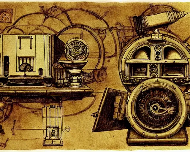 Image similar to steampunk mechanical electrical television set sketch with detailed notes by leonardo da vinci