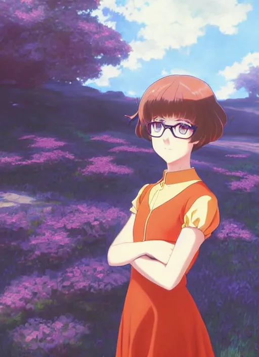 Prompt: Painting of Velma Dinkley in the style of Violet Evergarden, anime style, winged eyelashes, countryside, calm, fantasy character portrait, dark outlines, dynamic pose, above view, sunny day, artwork by Makoto Shinkai, very coherent asymmetrical artwork, sharp edges, perfect face, simple form, 100mm