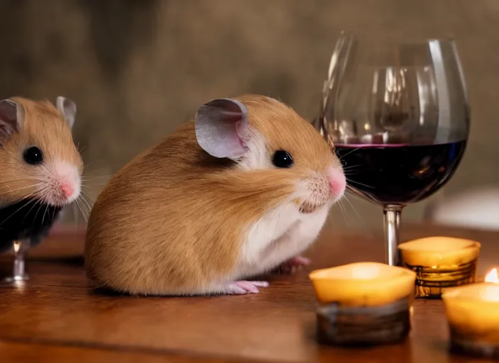 Image similar to photo of a hamsters on a date, drinking red wine, at night, faded colors, candlelit restaurant table, various poses, soft light, centered, sharp focus, 8 k