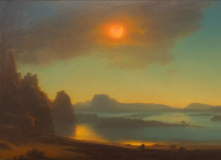 Prompt: a sunrise in the devonian era of earth in the style of hudson river school of art, oil on canvas