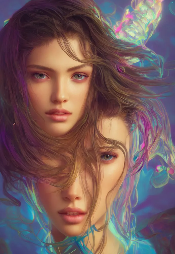 Image similar to beautiful, young woman, detailed gorgeous face, vaporwave aesthetic, synthwave, colorful, psychedelic, artstation, concept art, smooth, extremely sharp detail, finely tuned detail, ultra high definition, 8 k, unreal engine 5, ultra sharp focus, illustration, art by artgerm, greg rutkowski and alphonse mucha