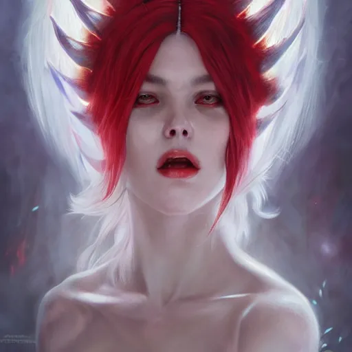 Image similar to ultra realistic illustration, dream humanoid demon girl with white hair, red horns, in white clothes, red eyes, intricate, elegant, highly detailed, digital painting, artstation, concept art, smooth, sharp focus, illustration, art by artgerm and greg rutkowski and alphonse mucha