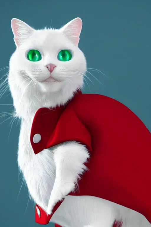 Image similar to a white cat with blue eyes wearing a red and green formal overcoat, hyperrealistic, concept art, octane render, unreal engine 5, realistic and defined face, profile picture, digital art, pixar and disney style, symmetrical, high quality, highly detailed, high coherence, path traced, house background, low contrast, beautiful