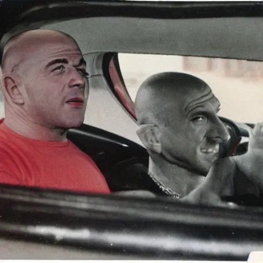 Image similar to coloured photograph of a muscled young white bald guy with broad shoulders, black shirt and a large chest driving a racing red mustang down a british road, high detail