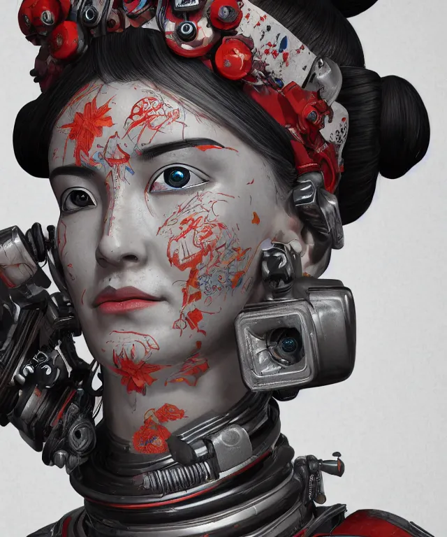 Image similar to an epic fantastic realism comic book style portrait painting of a japanese robotic geisha with kanji tattoos and decals, apex legends, octane render, intricate detail, 4 k hd, unreal engine 5