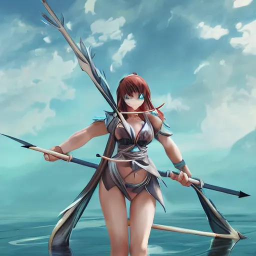 Image similar to an anime woman in an outfit made of water is doing a trick with bow and arrow, concept art by senior character artist, polycount contest winner, process art, concept art, 2d game art, artstation hd