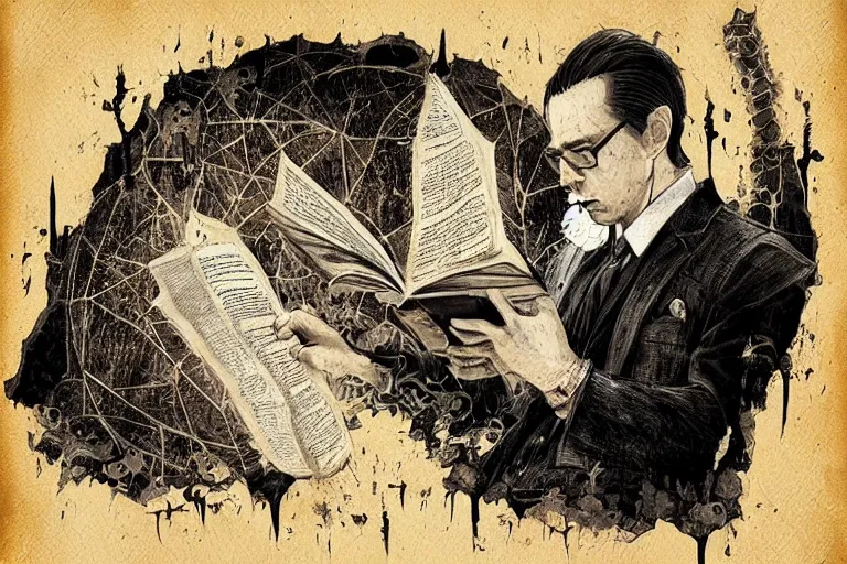 Image similar to “ a extremely detailed stunning portraits of hp lovecraft reading necronomicon by allen william on artstation ”