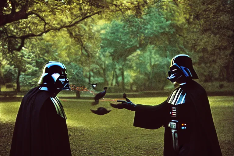 Prompt: a photograph of Darth Vader feeding the birds in a park, cinematic lighting, 35mm, morning light, national geographic, fuji velvia, highly detailed, 8k,