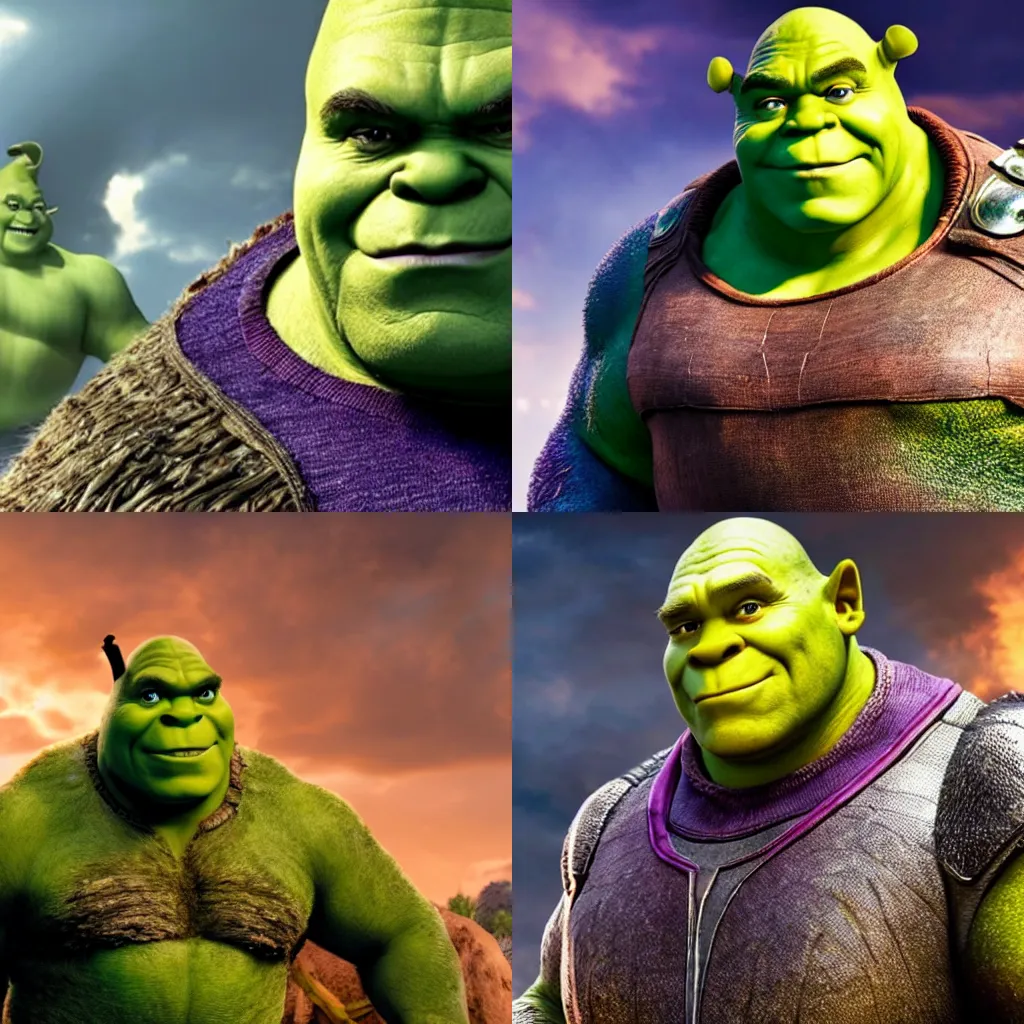 Prompt: film still of Shrek as Thanos in Avengers Endgame