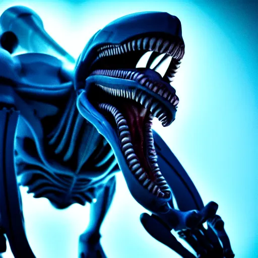 Image similar to a xenomorph looking menacingly at the camera, dramatic blue lighting