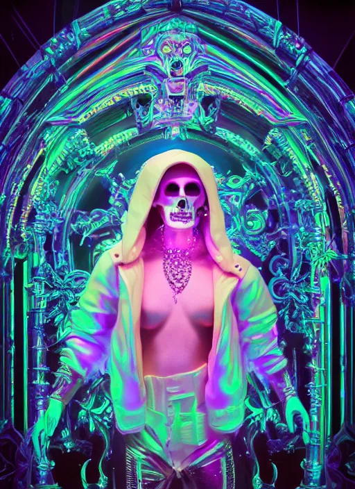 Image similar to photo of baroque and bladerunner delicate neon diamond sculpture of seductive ceramic albino king kit butler dotado creamy orange iridescent humanoid deity wearing white fluffy hoody holding diamond skull in a black metallic dungeon, reclining, glowing rainbow face, crown of white diamonds, cinematic lighting, photorealistic, octane render 8 k depth of field 3 d